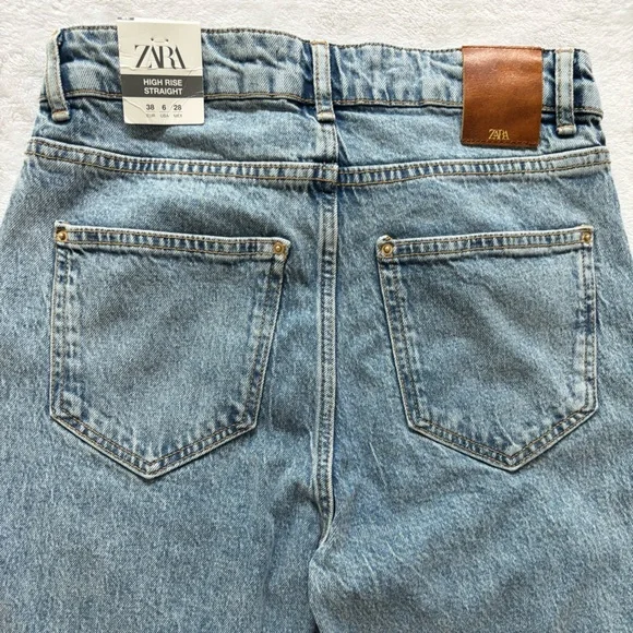 ZARA High Rise Full Length Straight Leg Blue Jeans--6 - Picture 11 of 16